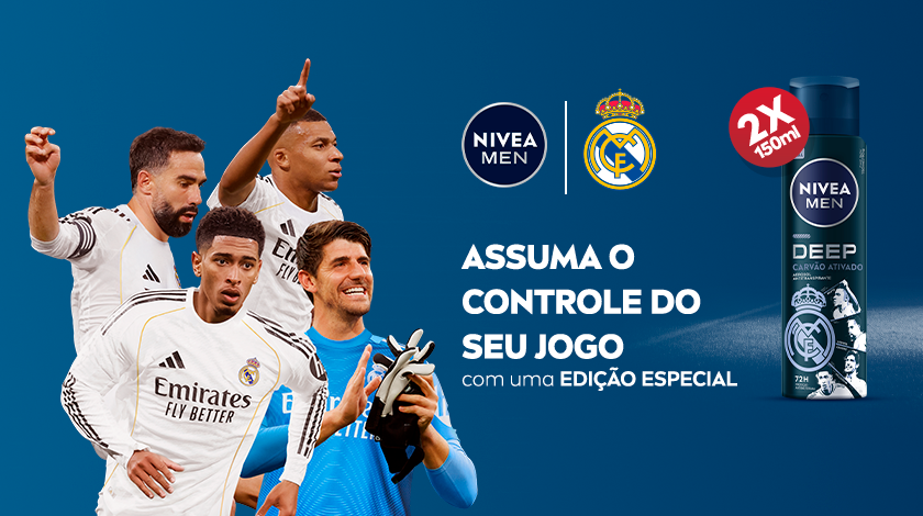 Nivea Men Deep edição especial Real Madrid. À esquerda, os jogadores Carvajal, Mbappé, Bellingham e Courtois vestem o uniforme do time; ao centro, o texto 