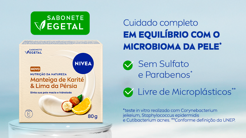 Sabonete vegetal NIVEA Manteiga de Karité & Lima da Pérsia em destaque sobre base branca, com selo “Sabonete Vegetal”. À direita, texto.