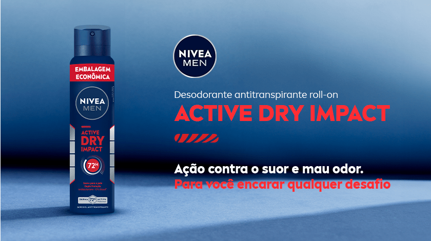 Imagem do desodorante antitranspirante NIVEA MEN Active Dry Impact sobre chão azul com sombra e fundo azul. Ao lado, texto apresenta o nome do produto e seus principais benefícios.