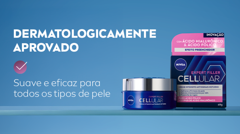Mão segurando o creme com destaque para a aprovação dermatológica para todos os tipos de pele.
