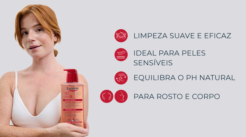 Mulher ruiva de top branco segurando o frasco do produto Eucerin pH5. Ao lado, ícones vermelhos e texto destacam características do produto.