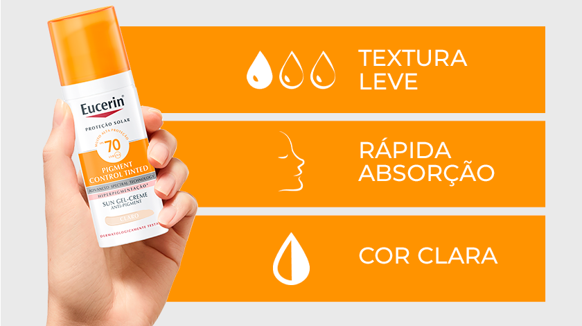 Uma mão segura o frasco de Eucerin Sun Pigment Control Tinted Claro FPS 70 enquanto ícones visuais representam suas características.