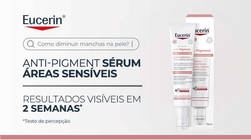 Imagem de produto Eucerin Anti-Pigment Sérum Corporal para Áreas Sensíveis. À esquerda, há um layout gráfico com ícone de barra de pesquisa e elementos tipográficos em destaque.