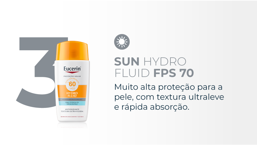 Imagem com fundo branco. No canto esquerdo, a embalagem de Hydro Fluid aparece ao lado do número 3. Ao canto direito, um ícone cinza representa dia.