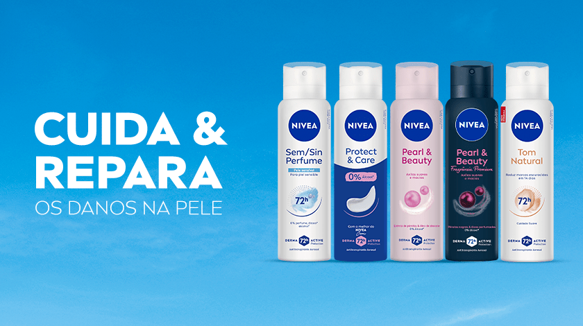 Imagem com fundo azul-claro que remete ao céu. Ao centro, aparecem quatro frascos de desodorantes aerossol da marca NIVEA, organizados lado a lado. Da esquerda para a direita: NIVEA Sem Perfume (branco com detalhes azuis); NIVEA Protect & Care (azul com branco); NIVEA Pearl & Beauty (rosa claro); NIVEA Pearl & Beauty Fragrância Premium (preto com rosa); NIVEA Tom Natural (branco com detalhe bege).