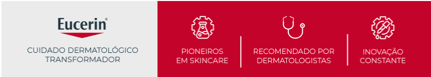 Ao lado esquerdo, logotipo da Eucerin em destaque. Ao lado direito, fundo vermelho com três ícones que representam os pilares da marca.