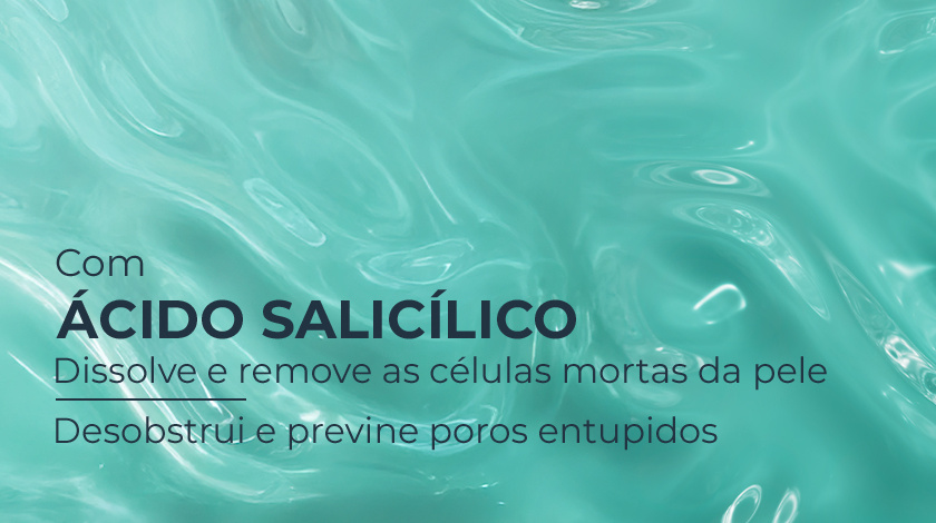 Banner com fundo em tom verde-água vibrante, com textura fluida que remete a gel ou líquido cosmético espalhado em movimento.