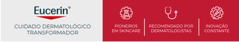 Logo da Eucerin sobre fundo vermelho, reforçando o conceito de cuidado dermatológico da marca.