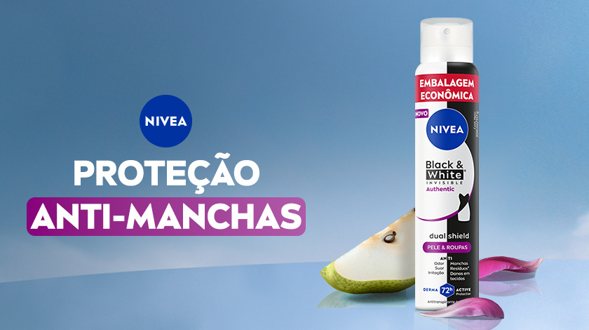 Imagem com fundo azul. Em destaque aparece a embalagem de Black & White Authentic, ao lado de ingredientes.