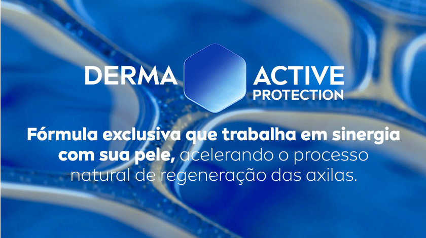 Fundo em tons intensos de azul, com formas orgânicas e texturas que remetem a células ou tecidos vistos de perto. Ao centro, um hexágono em azul degradê separa as palavras “DERMA” e “ACTIVE PROTECTION”, formando o nome da tecnologia.