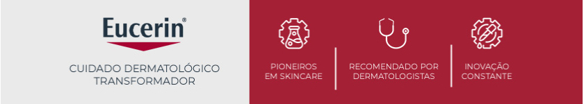 Logo da Eucerin sobre fundo vermelho, reforçando o conceito de cuidado dermatológico da marca.