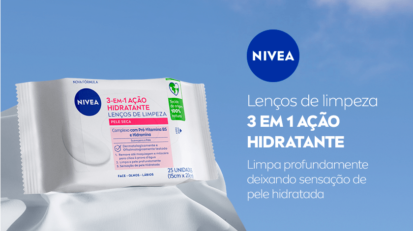 Embalagem de lenços NIVEA sobre fundo branco com céu azul ao fundo.