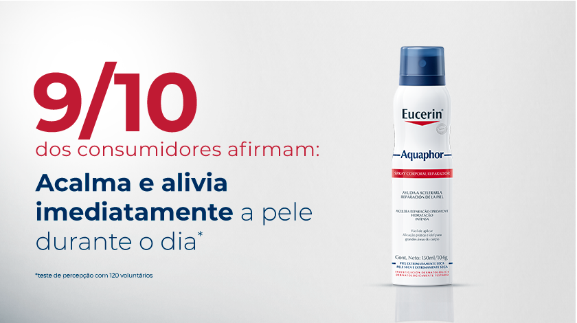 A imagem possui fundo branco. Ao lado esquerdo, uma porcentagem vermelha está em destaque. Ao lado direito, uma embalagem em Spray de Aquaphor.