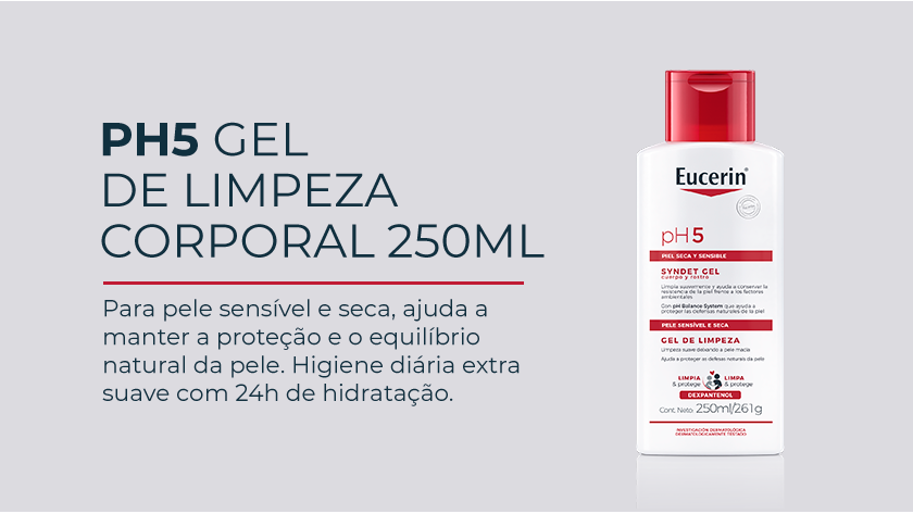 Imagem com fundo neutro. Ao lado direito, uma embalagem branca e vermelha