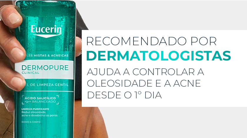 Banner publicitário com fundo claro em tom neutro. À esquerda, aparece parcialmente a embalagem do produto, sendo segurado por uma pessoa.