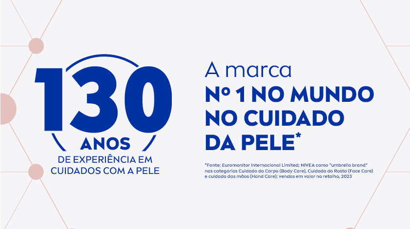 Imagem com fundo cinza claro e detalhes geométricos em cinza. À esquerda, o número “130” em fonte grande e azul escuro. Não há imagens de produtos, apenas o destaque institucional da marca.