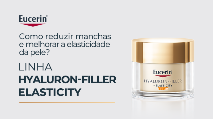 Banner publicitário em fundo claro mostrando um pote de creme da linha Eucerin Hyaluron-Filler + Elasticity FPS 30. O frasco é transparente com tampa dourada e rótulo em tons de dourado.