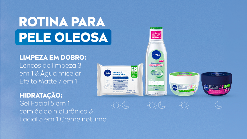 Imagem com fundo azul. Ao lado direito, são apresentados quatro produtos NIVEA para uma rotina de pele oleosa. Logo em seguida, são destacados ícones de sol e lua, representando o momento do dia em que cada produto deve ser utilizado.