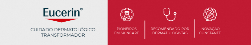 Logo da Eucerin sobre fundo vermelho, reforçando o conceito de cuidado dermatológico da marca.