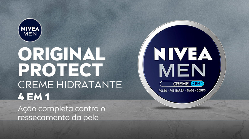 Imagem de um pote azul escuro de NIVEA MEN Creme sobre fundo cinza. e neutro. No canto superior esquerdo é apresentado o logo de NIVEA MEN.