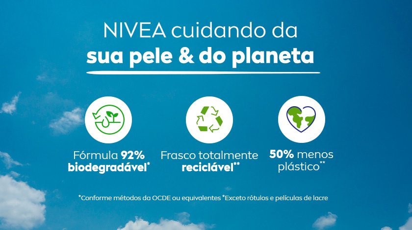Fundo azul com nuvens esparsas. Três ícones alinhados ao centro representam sustentabilidade: uma folha circular com seta (biodegradável), símbolo de reciclagem (frasco reciclável) e um coração com o planeta Terra (menos plástico). Acima dos ícones, o texto destaca o cuidado da NIVEA com a pele e o planeta.