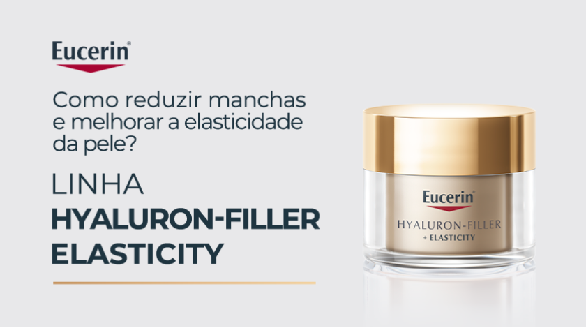 Banner publicitário em fundo claro mostrando um pote de creme da linha Eucerin Hyaluron-Filler + Elasticity. O frasco é transparente com tampa dourada e rótulo em tons de dourado.