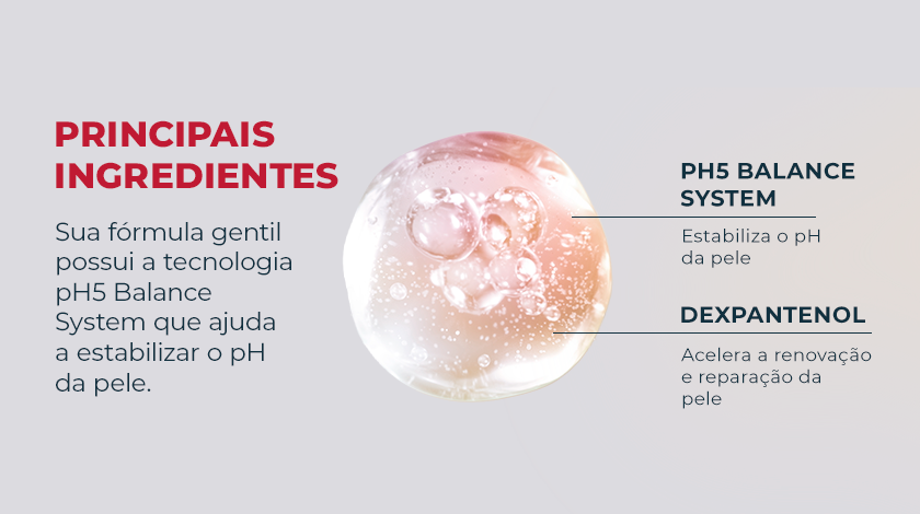 Imagem com fundo neutro. Ao centro, uma esfera representando a fórmula do produto aparece em destaque.