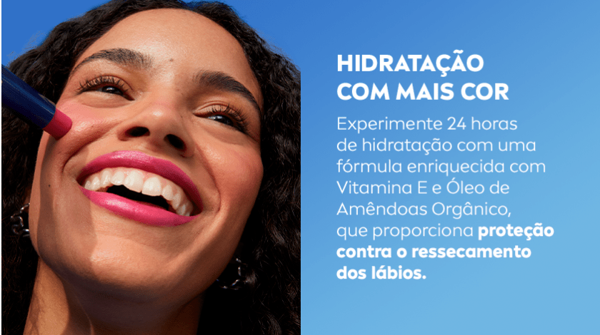 Imagem de uma mulher sorrindo, enquanto segura o Hidra Color. Ao lado, o texto é destacado por um fundo azul.