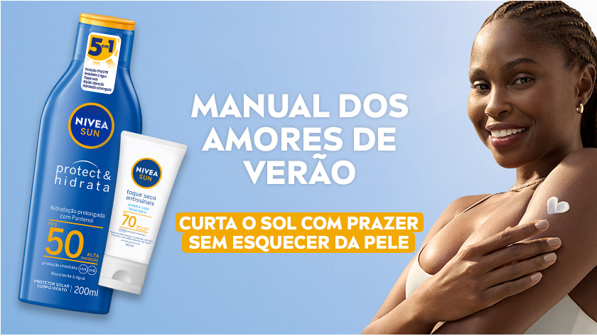 Fundo com céu azul. Ao lado esquerdo, o kit de protetores solares aparece em destaque. Ao lado direito, uma mulher sorri com um pouco de protetor no ombro.