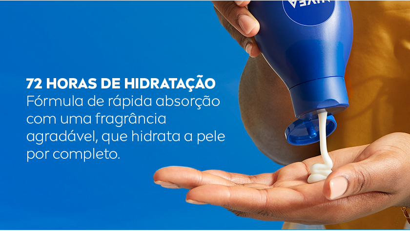 Fundo azul escuro. Ao lado direito, uma mão segura a embalagem do produto, aplicando na outra.