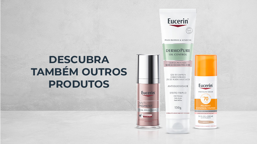 Sugestão de outros produtos da marca para serem utilizados em conjunto com Eucerin Sun Pigment Control Tinted Claro FPS 70, com diferentes embalagens expostas sobre um fundo neutro. Os produtos são: Anti-Pigment Dual Sérum Facial e Dermo Pure Oil Control.