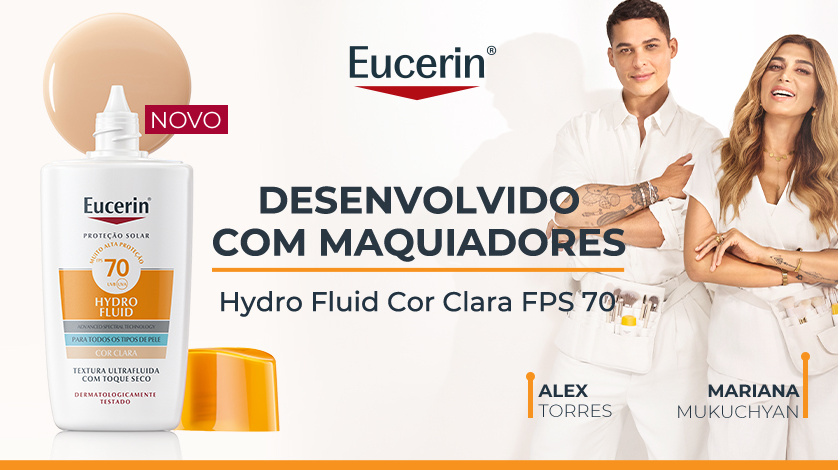 Frasco do Eucerin Hydro Fluid Cor Clara FPS 70 está ao lado esquerdo, ao lado direito estão dois maquiadores sorrindo em pé. O fundo é claro, com detalhes em laranja.