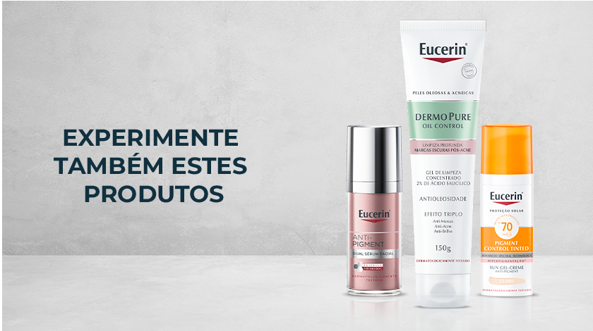 Sugestão de outros produtos da marca para serem utilizados em conjunto com Eucerin Sun Pigment Control Tinted Claro FPS 70, com diferentes embalagens expostas sobre um fundo neutro. Os produtos são: Anti-Pigment Dual Sérum Facial e Dermo Pure Oil Control.