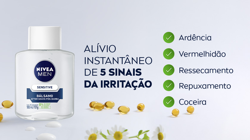 Imagem do produto NIVEA Sensitive Protect em um fundo claro; lista de benefícios é apresentada ao lado.