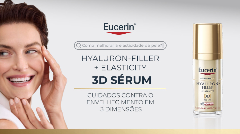 Imagem com fundo claro. Ao lado esquerdo, uma modelo sorri com as mãos no rosto. Ao lado direito, a embalagem do Sérum 3D aparece em destaque.