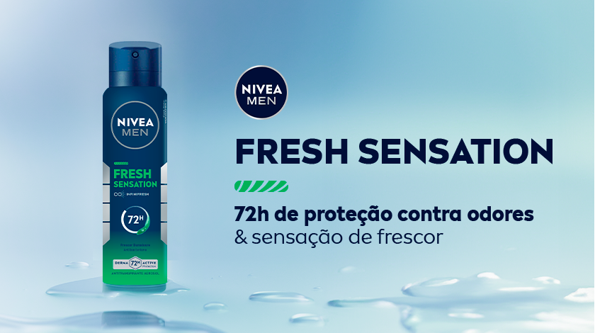 Fundo azul claro com desodorante spray NIVEA MEN Fresh Sensation em azul escuro e verde. Texto à direita destacando 72 horas de proteção contra odores e sensação de frescor.
