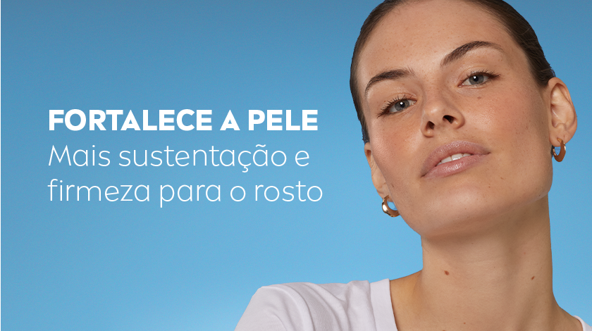 Fundo azul degrade com modelo de pele clara olhando diretamente para a câmera. À esquerda, texto em branco.