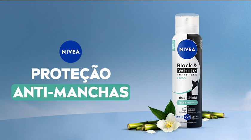 Imagem com fundo azul. Em destaque aparece a embalagem de Black & White Fresh, ao lado de ingredientes.