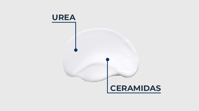 Amostra branca do creme com setas indicando os ativos presentes na fórmula.