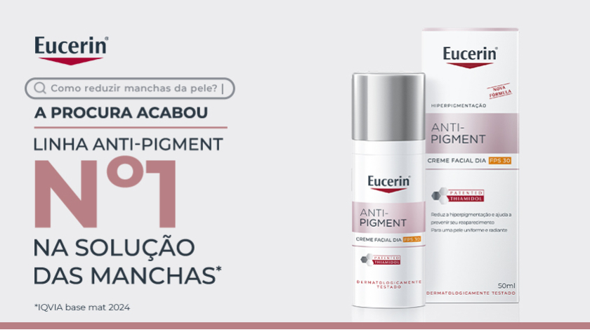 Imagem de produto Eucerin Anti-Pigment Creme Facial Dia. No centro, frasco cilíndrico branco com tampa metálica prateada, rótulo em tons de branco, cinza e rosa claro. Atrás do frasco, aparece a embalagem do produto em caixa retangular, também branca com detalhes em rosa e cinza. À esquerda, há um layout gráfico com ícone de barra de pesquisa e elementos tipográficos em destaque.
