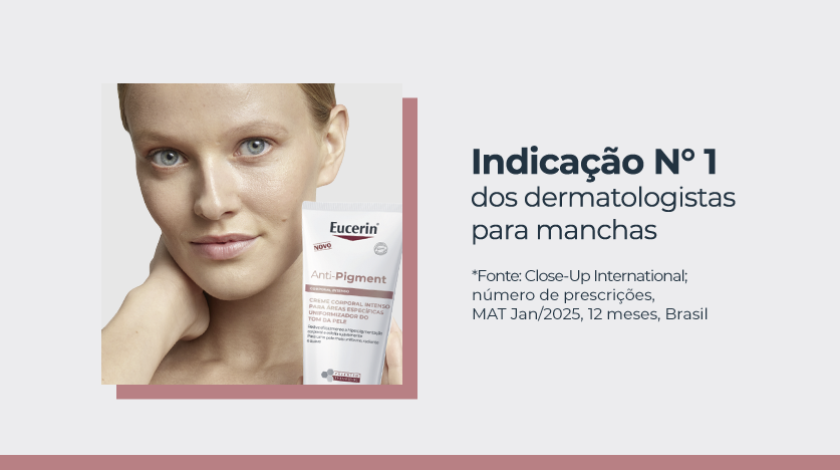 Mulher de pele clara olhando para a câmera, segurando o creme Eucerin Anti-Pigment próximo ao rosto. Fundo neutro com moldura rosada destacando a imagem.