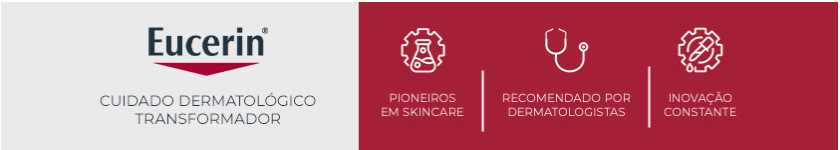Logo da Eucerin sobre fundo vermelho, reforçando o conceito de cuidado dermatológico da marca.
