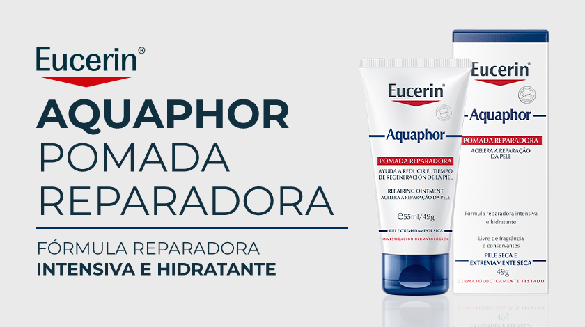 Imagem da embalagem da Pomada Reparadora Eucerin Aquaphor sobre fundo branco. O logo da marca aparece no canto superior esquerdo.