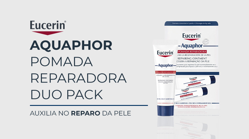 A imagem destaca um Duo Pack de Eucerin Aquaphor Pomada Reparadora. São apresentados dois tubos do produto, um fora da embalagem e outro dentro de uma caixa que indica conter dois tubos.