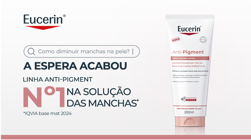 Imagem de um creme corporal Eucerin Anti-Pigment em destaque sobre fundo claro. Ao lado, há uma barra de pesquisa estilizada e elementos gráficos que destacam o produto como solução para manchas na pele.