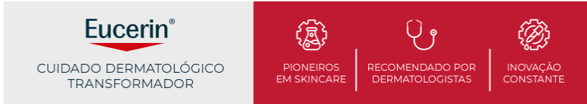 Logo da Eucerin sobre fundo vermelho, reforçando o conceito de cuidado dermatológico da marca.