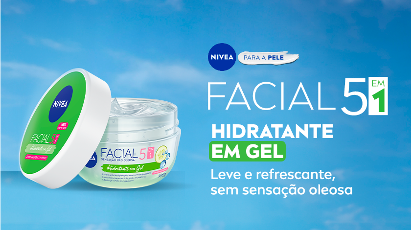 Fundo azul turquesa. Pote aberto do NIVEA Facial 5 em 1 Gel aparece inclinado, com tampa ao lado. À direita, logo da NIVEA.