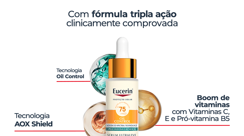 Frasco de sérum facial Eucerin com conta-gotas dourado centralizado em fundo cinza claro, acompanhado de elementos líquidos coloridos ao redor e destaques visuais sobre tecnologia e vitaminas.
