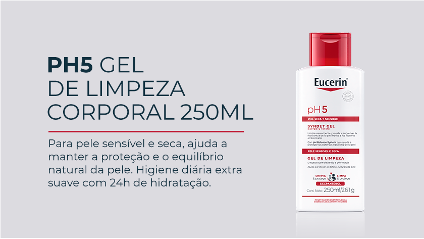 Imagem com fundo neutro. Ao lado direito, uma embalagem branca e vermelha