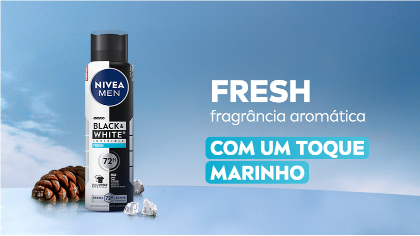 Imagem com fundo de céu azul. Ao lado esquerdo, a linha FRESH aparece em destaque, ao lado de ingredientes.